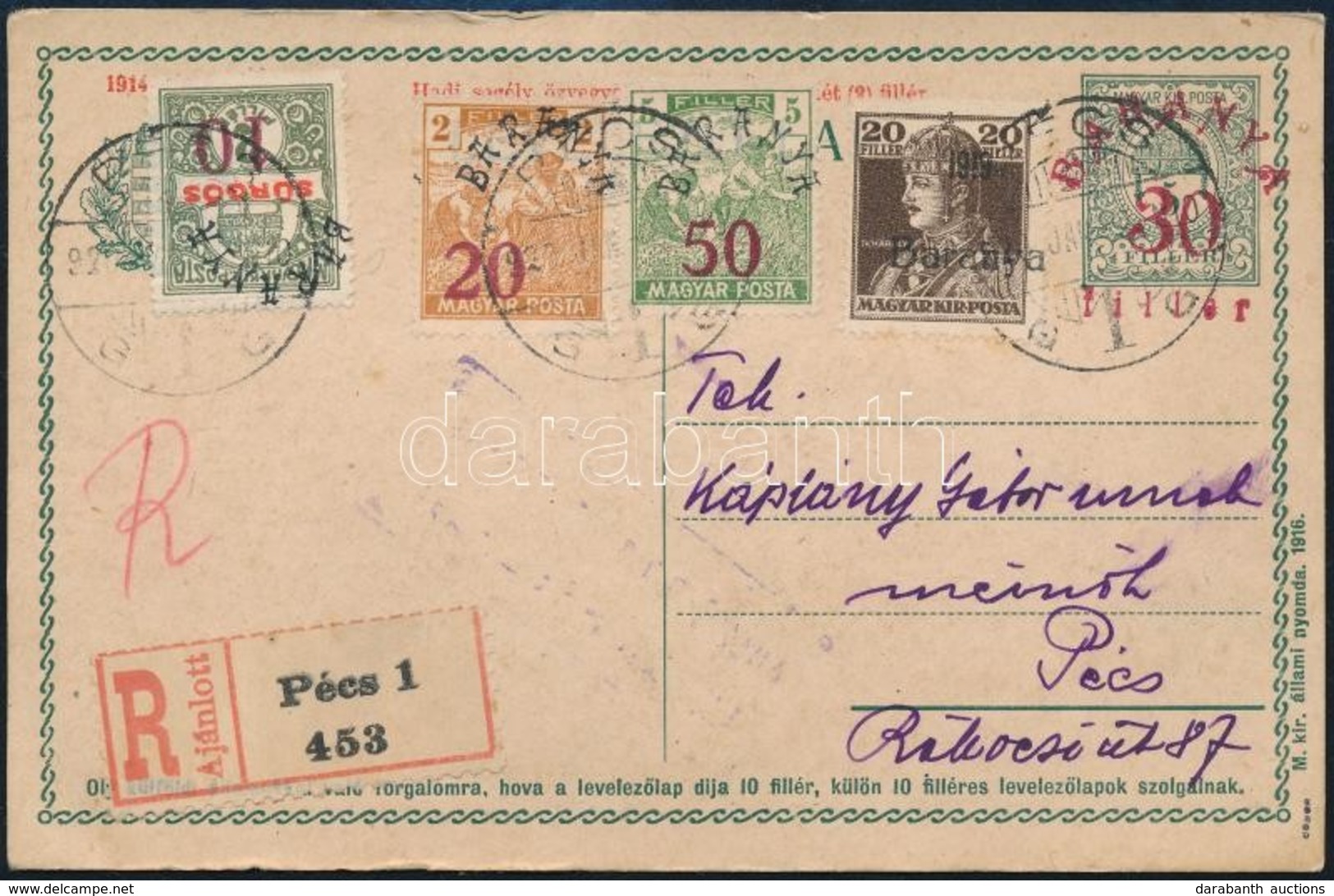 1920 Ajánlott Pécs Helyi Levelezőlap 4 Bélyeges Díjkiegészítéssel / Local Registered PS-card With Additional Franking. S - Autres & Non Classés