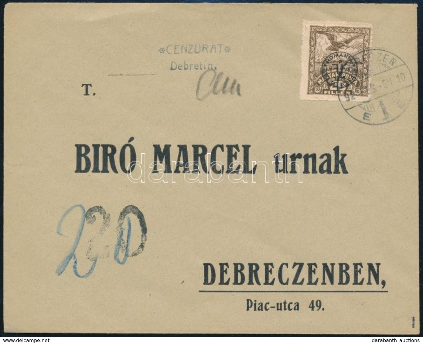 Debrecen II. 1920 Helyi Levél Portóelőjegyzéssel / Local Cover With 20f Postage Due. Signed: Bodor - Autres & Non Classés