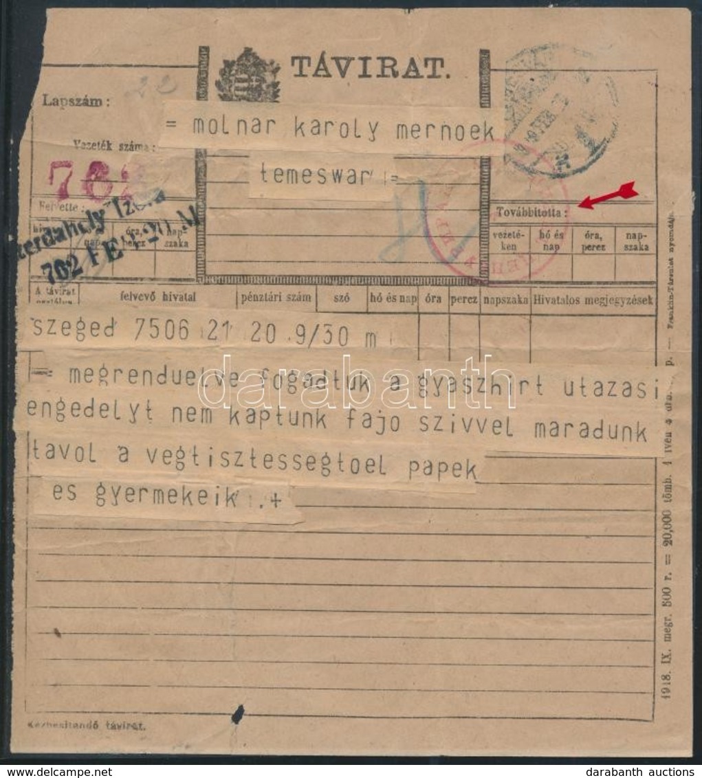 1919 Távirat Szegedről Temesvárra Ottani Szerb Cenzúrával. Nagyon Ritka! / Telegram From Szeged To Temesvár With Serbian - Autres & Non Classés