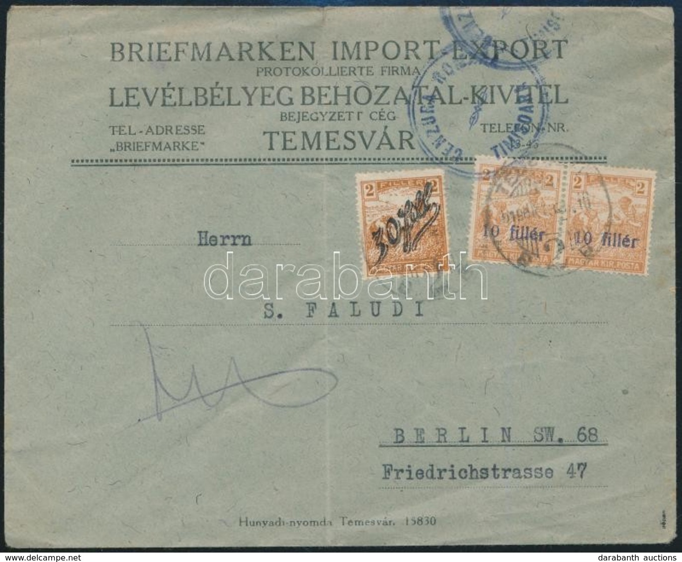 1919 Levél 3 Bélyeges Bérmentesítéssel Temesvárról Berlinbe, Cenzúrázva / Cover With 3 Stamps From Temesvár To Berlin, C - Autres & Non Classés