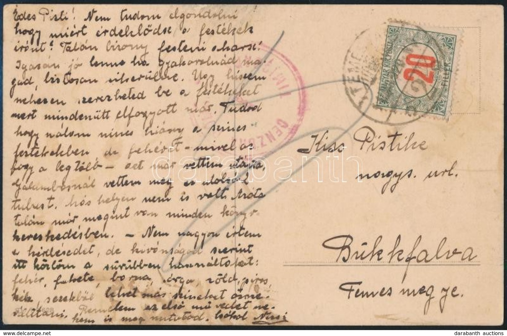 1920 Cenzúrás Képeslap 20f Portóval, Benne Törött 'G' Betű / Censored Postcard With 20f Postage Due 'TEMESVÁR' - Bükkfal - Sonstige & Ohne Zuordnung