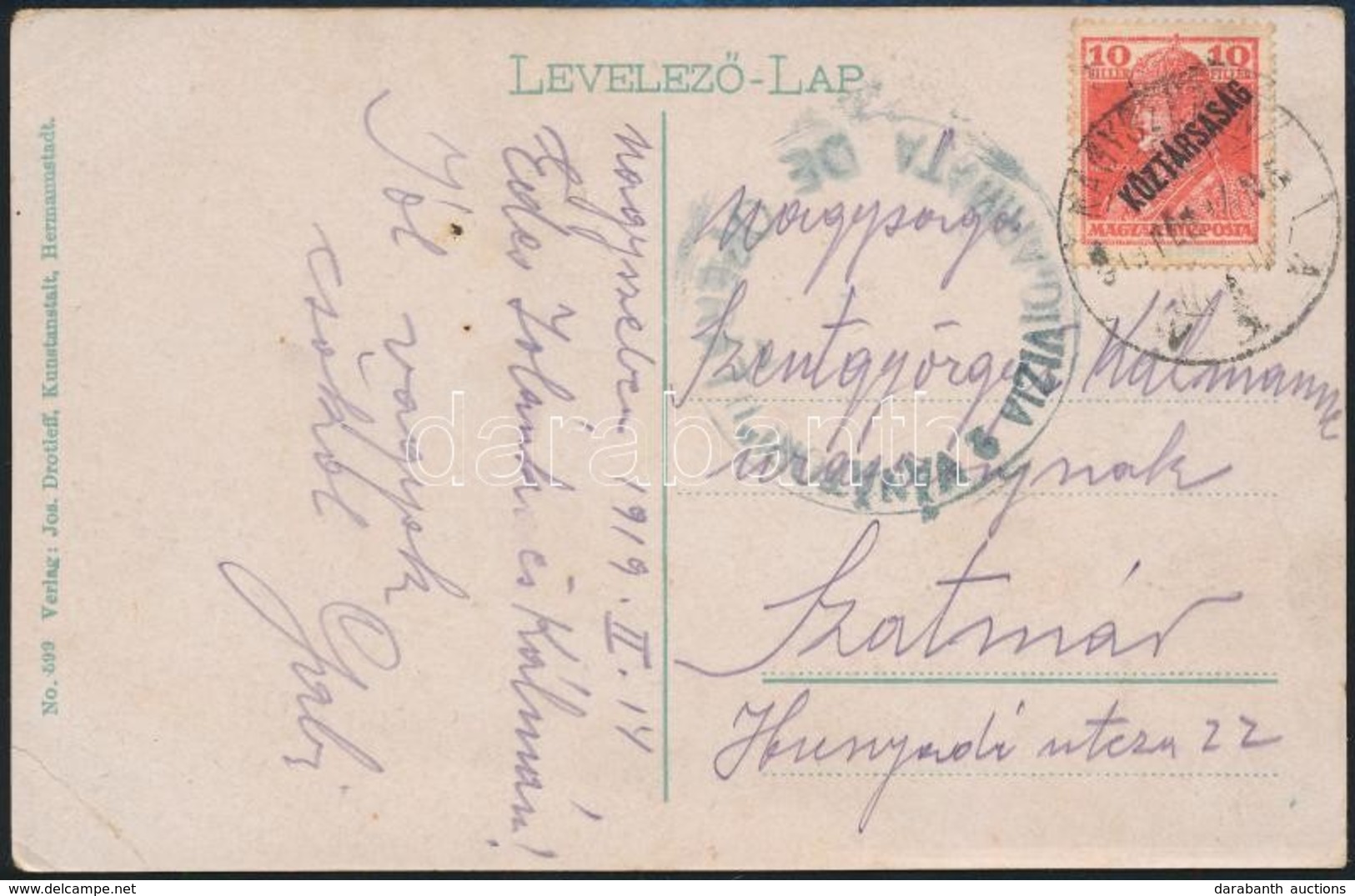 1919 Képeslap Ritka Katonai Bélyegzéssel / Postcard With Rare Military Postmark 'VANATORI 2. DIVIZIA' + 'NAGYSZEBEN' - S - Autres & Non Classés