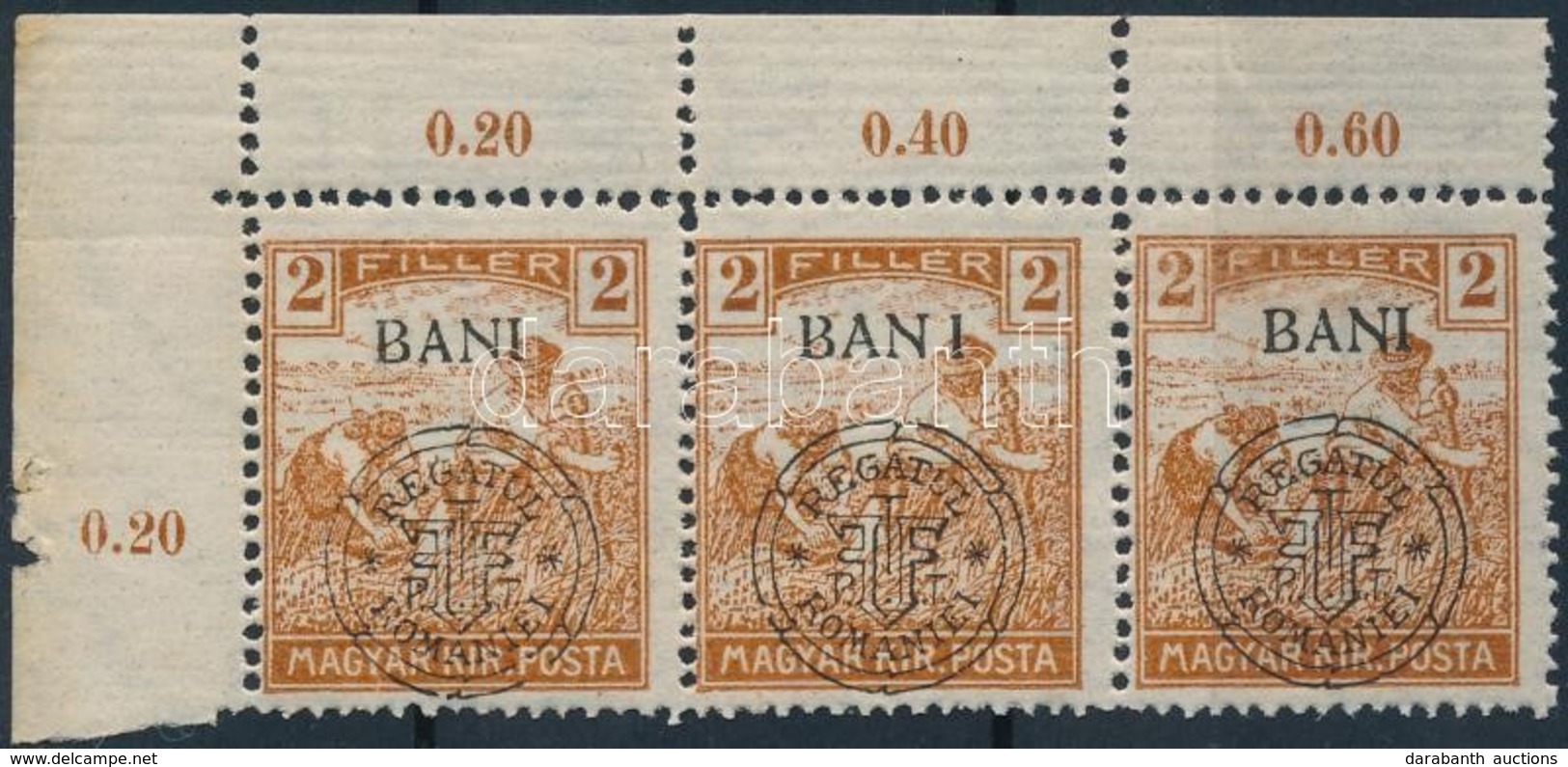 ** 1919 Arató 2f Hármascsík, A Középső Bélyeg 'BAN I' Tévnyomattal / Mi 26 I. Stripe Of 3 With Plate Variety. Signed: Bo - Sonstige & Ohne Zuordnung
