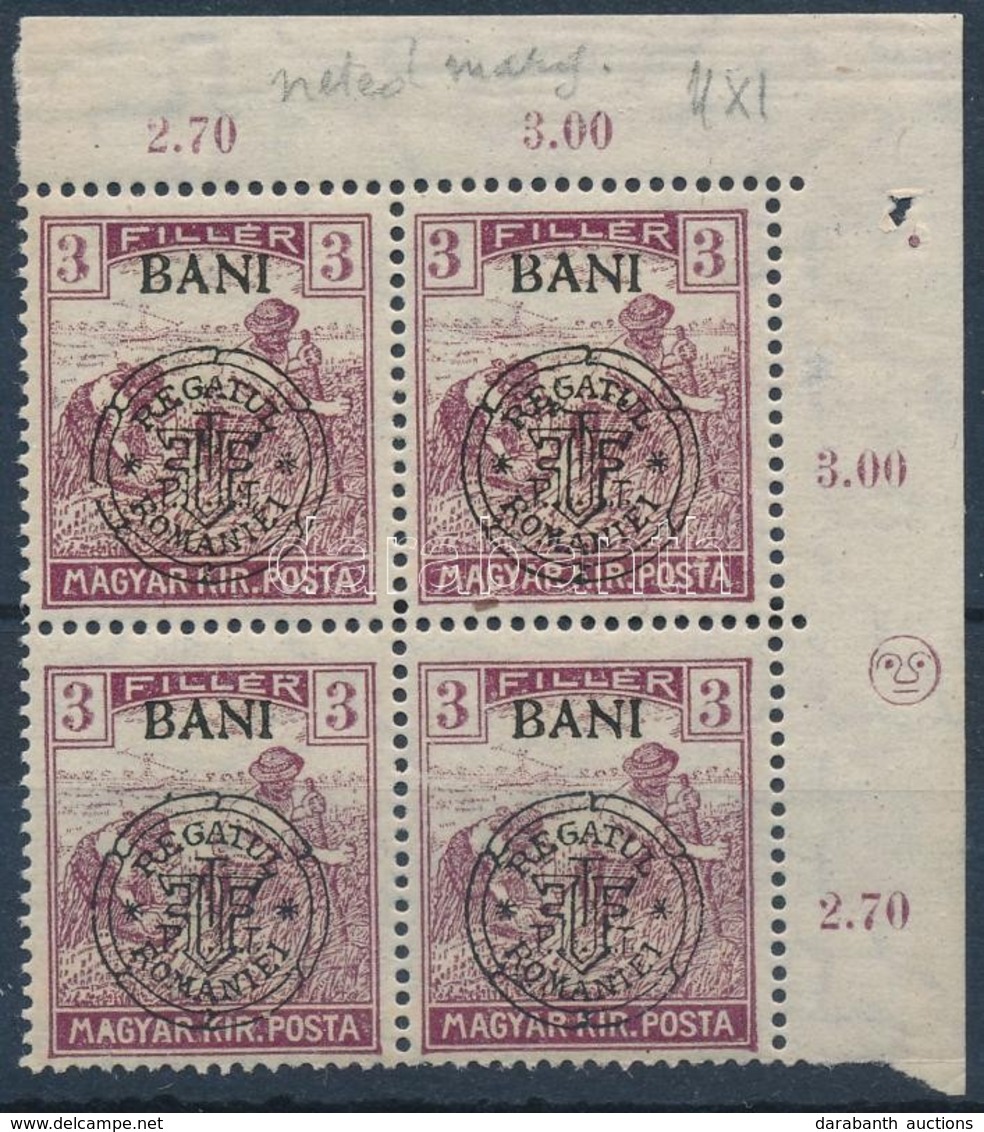 ** 1919 Arató 3f Négyestömb, Benne Tévnyomat / Mi 27 I. Block Of 4 With Plate Variety. Signed: Bodor - Autres & Non Classés