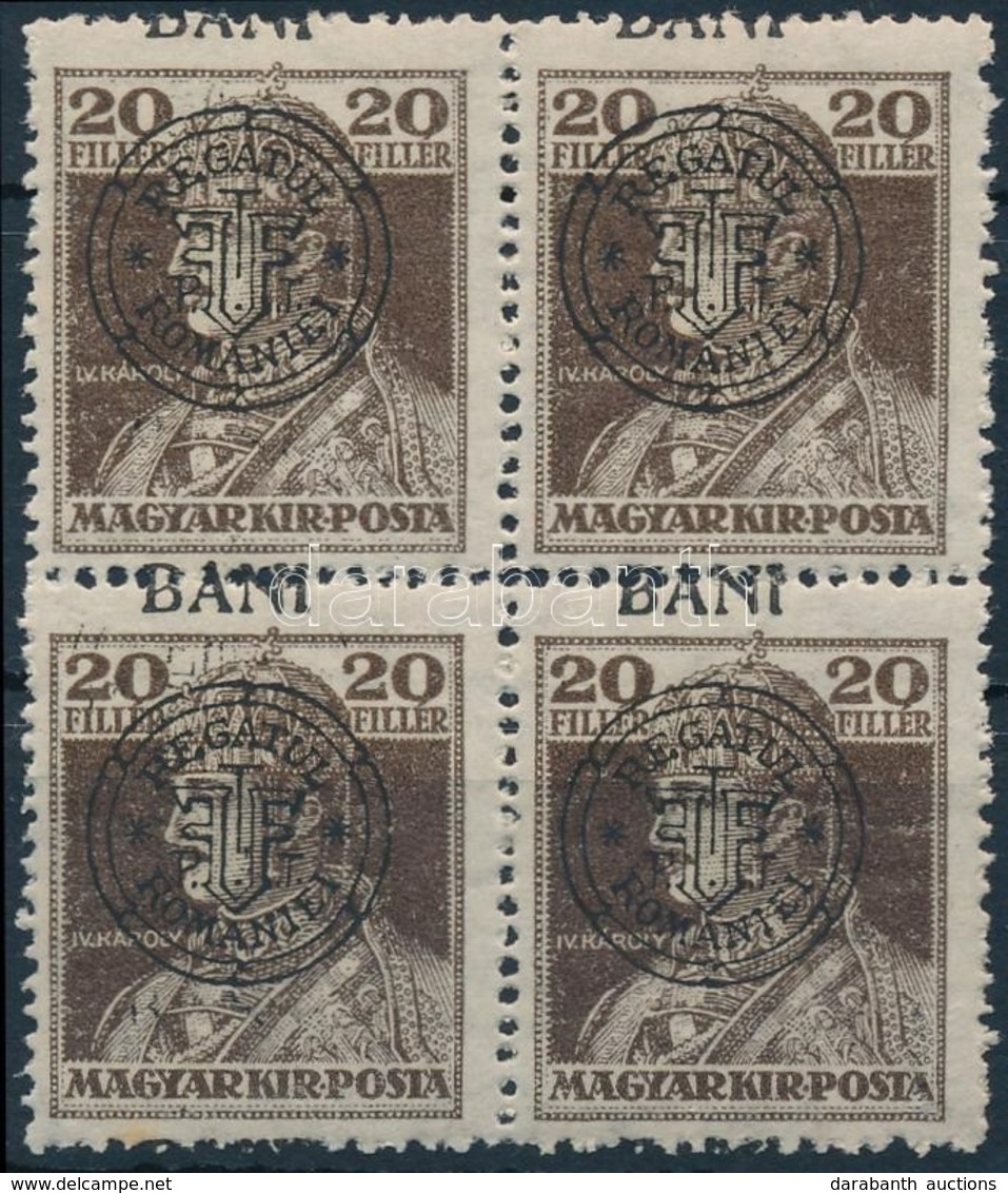 ** 1919 Károly 20f Négyestömb Elcsúszott Felülnyomással / Mi 47 Block Of 4 With Shifted Overprint. Signed: Bodor - Sonstige & Ohne Zuordnung