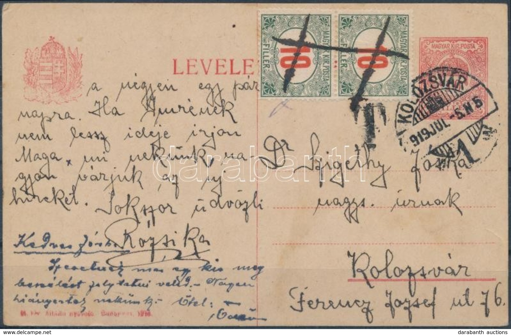 1919 Kolozsvár Helyi Levelezőlap 2 X 10f Portóval, Az Egyiken Törött 'G' Betű A Magyar Szóban / Cluj-Napoca Local Postca - Autres & Non Classés