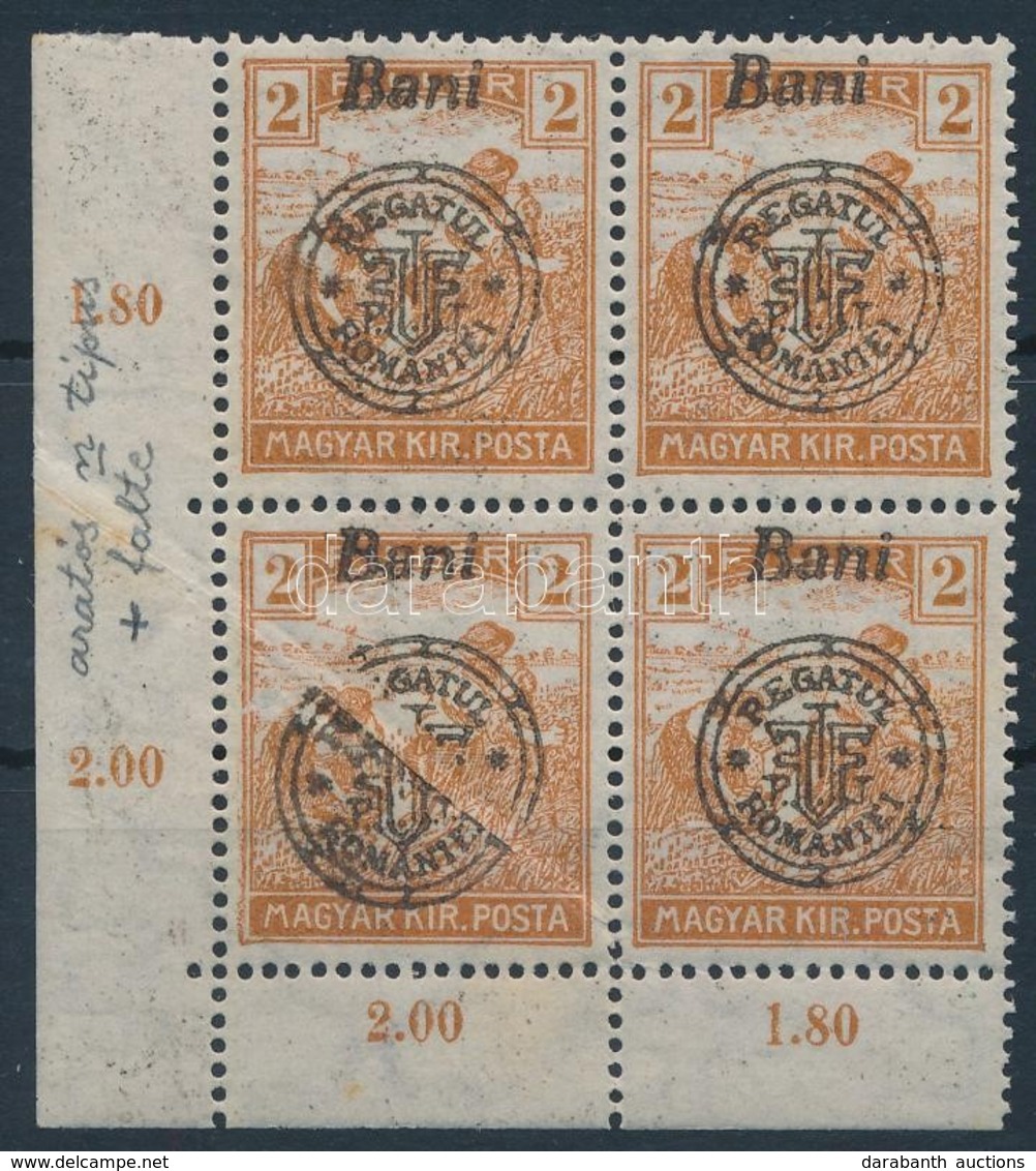 ** 1919 Arató 2f 4-es Tömb, Papírránc Miatt Szétcsúszott Felülnyomás / Mi 26 II Block Of 4 With Paper Crease And Overpri - Other & Unclassified