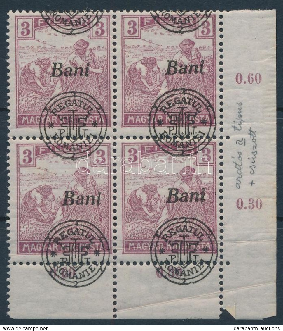 ** 1919 Arató 3f 4-es Tömb Elcsúszott Felülnyomással / Mi 27 II Block Of 4 With Shifted Overprint. Signed: Bodor - Autres & Non Classés