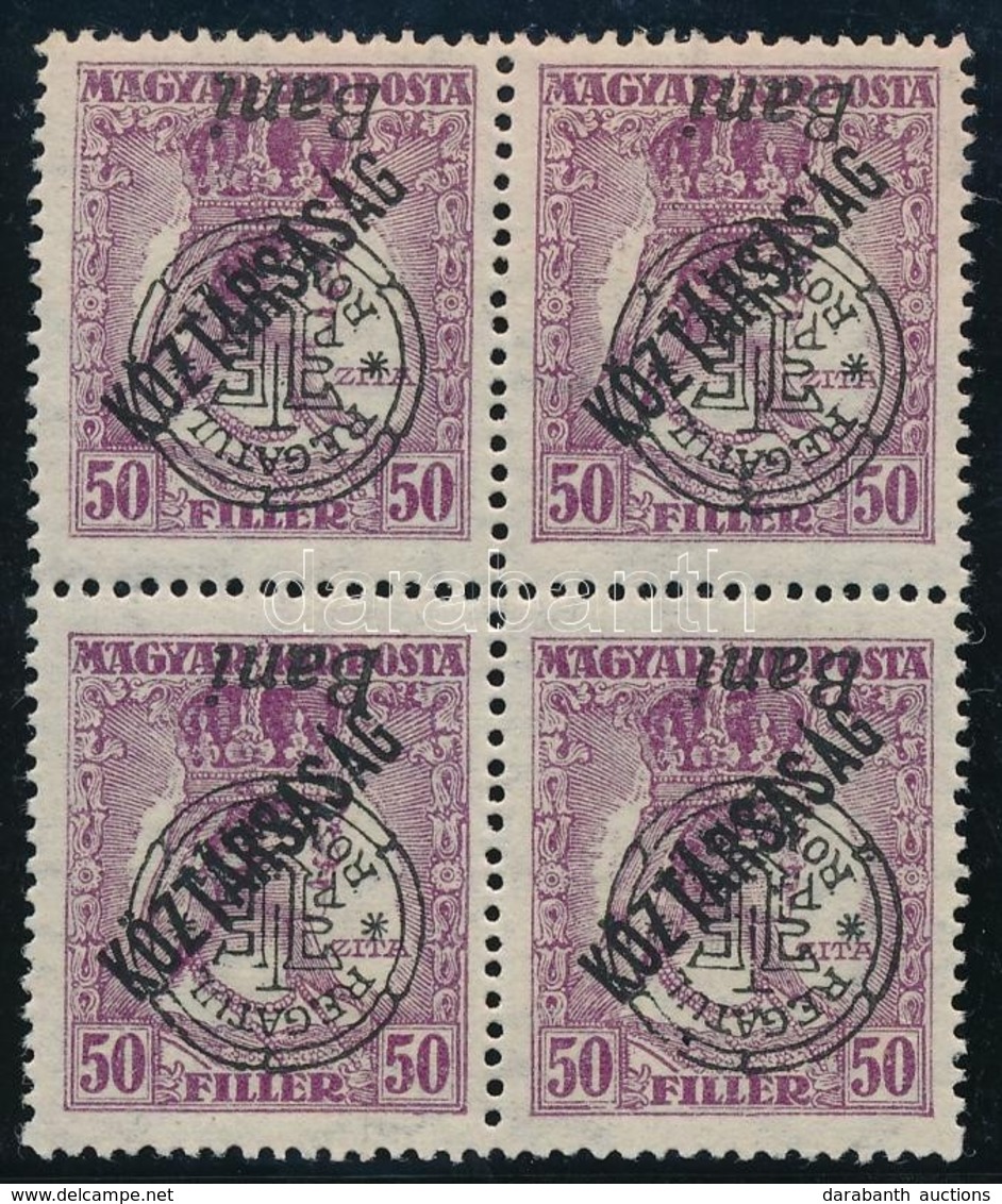 ** 1919 Zita/Köztársaság 50f Négyestömb Fordított Felülnyomással / Mi 64 II. Block Of 4, Inverted Overprint. Signed: Bod - Autres & Non Classés