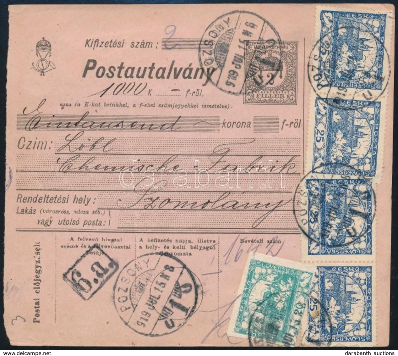 1919 Postautalvány Hradzsin Bélyegekkel Bérmentesítve Pozsonyból Szomolányba, Hátoldalán 2 X 10f Magyar Portóbélyeggel,  - Otros & Sin Clasificación