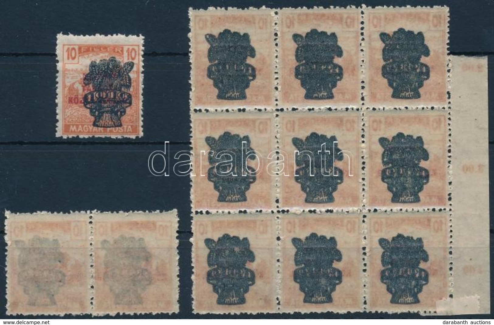 ** 1920 Búzakalász 10f 9-es Tömb Teljes Gépszínátnyomattal + Támpéldányok / Mi 297 Block Of 9 With Machine Offset - Autres & Non Classés