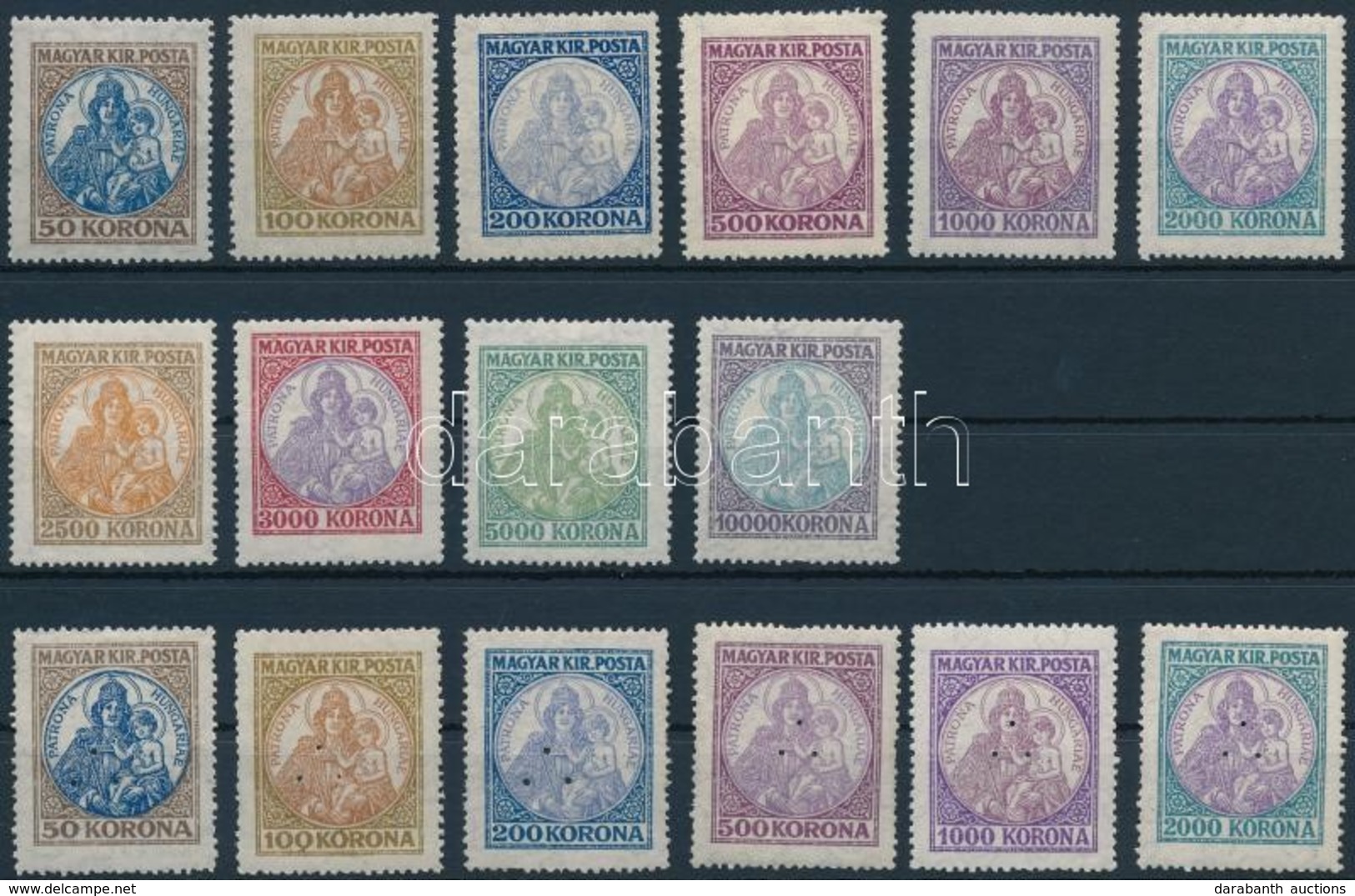 ** 1921 Koronás Madonna Sor + Hármaslyukasztású Sor (10.000) / Mi 322-323 + 374-379 + 401-402 Normal Set + Set With 3 Ho - Autres & Non Classés