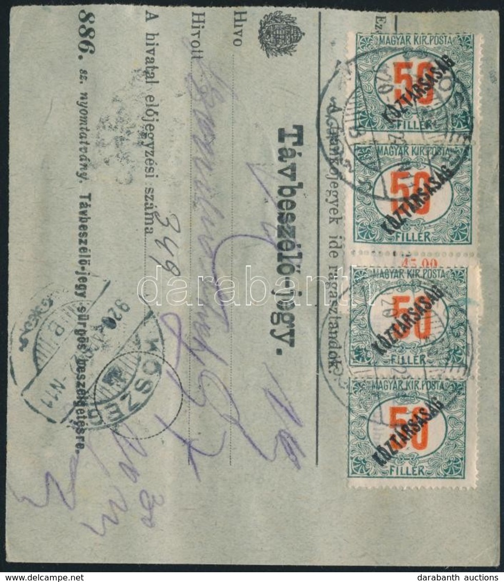 1920 Távbeszélőjegy 12 X 50f Köztársaság Portó Bélyegekkel / 10 X Mi Postage Due 51 On Telephone Ticket 'KŐSZEG' - Autres & Non Classés