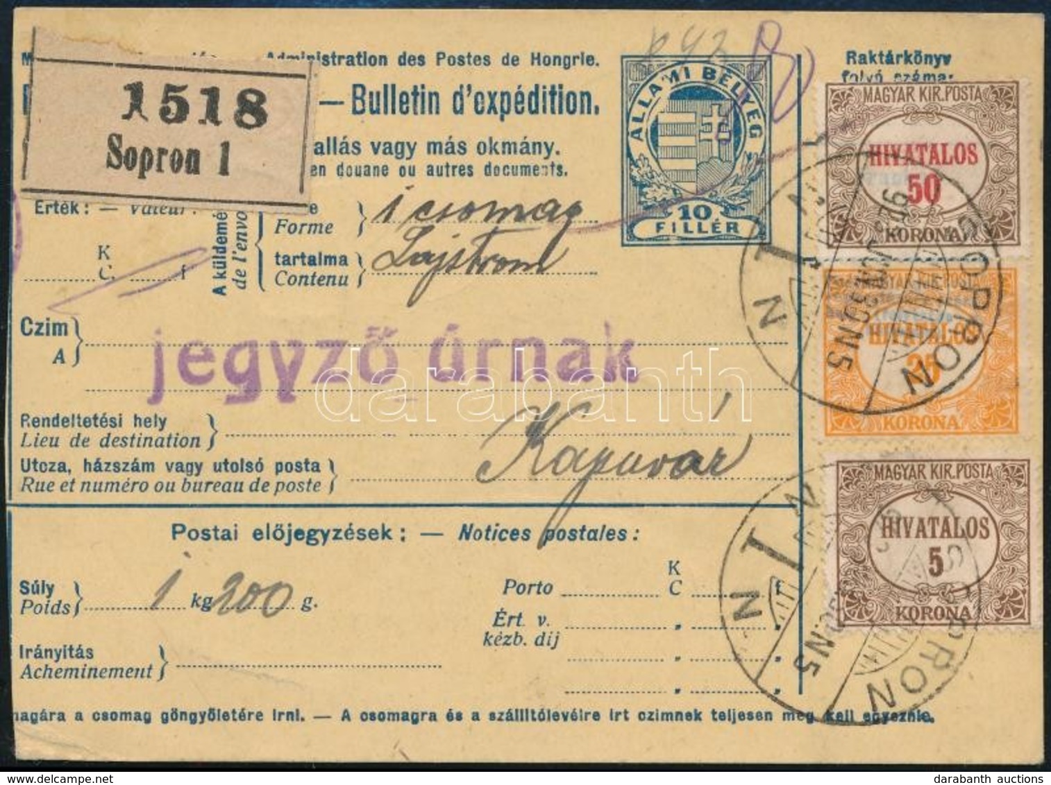1923 Csomagszállító Hivatalos Vegyes Bérmentesítéssel / Parcel Card 'SOPRON' - Kaposvár - Autres & Non Classés
