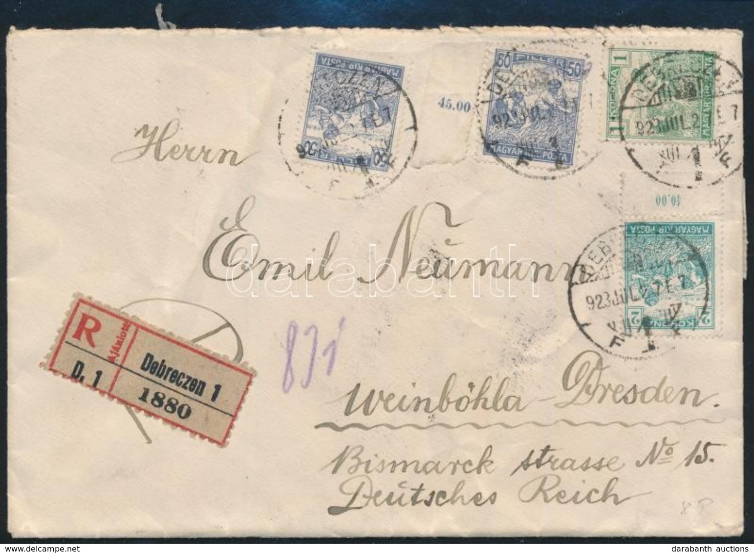 1923 Ajánlott Levél Németországba 18 Bélyeges Bérmentesítéssel Debrecenből / Registered Cover With 18 Stamps Franking To - Autres & Non Classés