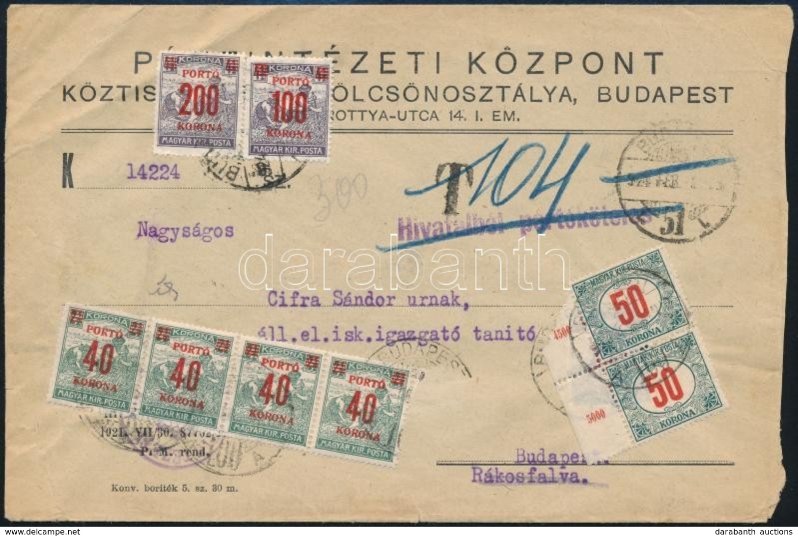 1924 Hivatalból Portóköteles Helyi Levél 560K Vegyes Portóval / Official Local Cover, Postage Payable By Addresse With 5 - Autres & Non Classés