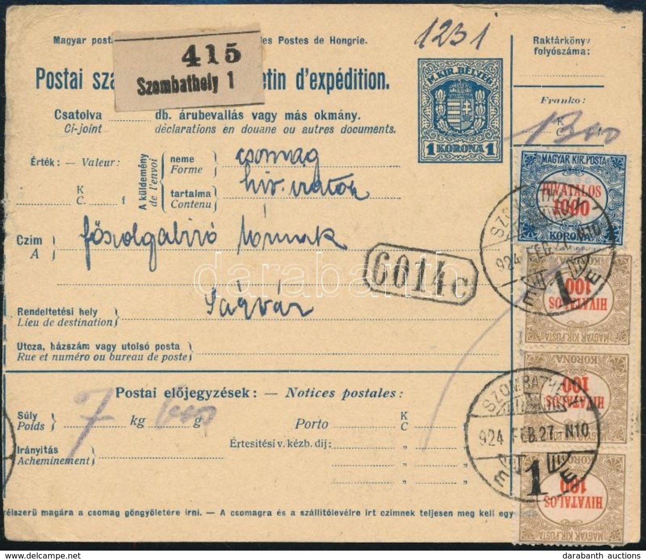 1924 Csomagszállító Hivatalos 1000K és 3 X 100K Bérmentesítéssel / Parcel Card 'SZOMBATHELY' - Sárvár - Autres & Non Classés