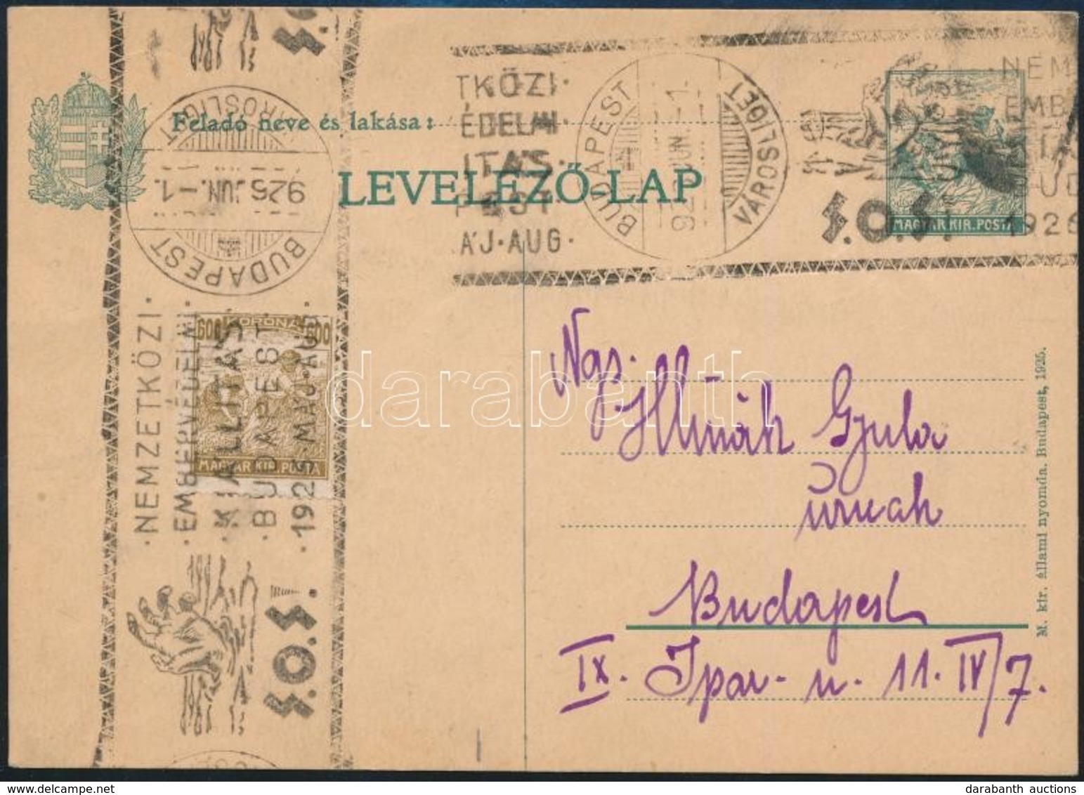 1926 Díjjegyes Levelezőlap 600K Kiegészítéssel, 'Nemzetközi Embervédelmi Kiállítás' Alkalmi Bélyegzéssel + Levélzáró / P - Autres & Non Classés