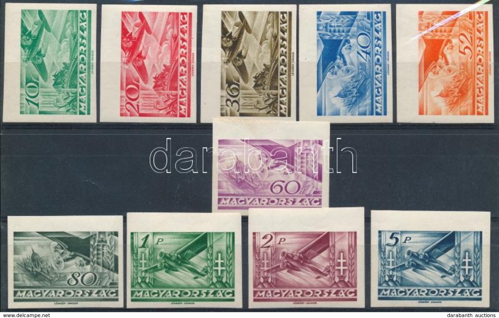 ** 1936 Repülő III. ívszéli Vágott Sor (100.000) / Mi 528-537 Imperforate Margin Set (60f Foltos / Spot) - Sonstige & Ohne Zuordnung