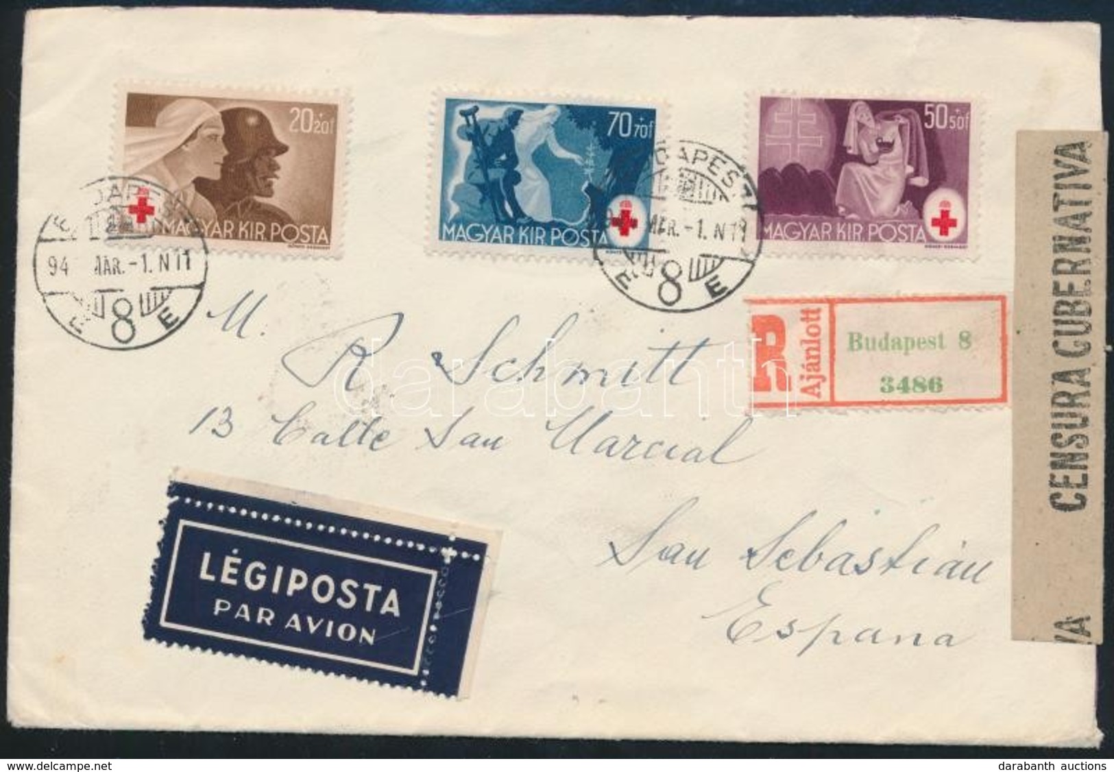 1944 Ajánlott Légi FDC Cenzúrázva Vöröskereszt Sorral Spanyolországba / Mi 749-752 On Registered Airmail FDC To Spain, C - Sonstige & Ohne Zuordnung