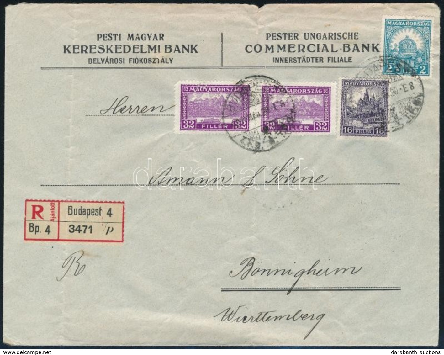 1927 Ajánlott Levél 4 Perfin Bélyeggel, PMKB Céglyukasztással / Registered Cover With 4 Perfin Stamps - Other & Unclassified