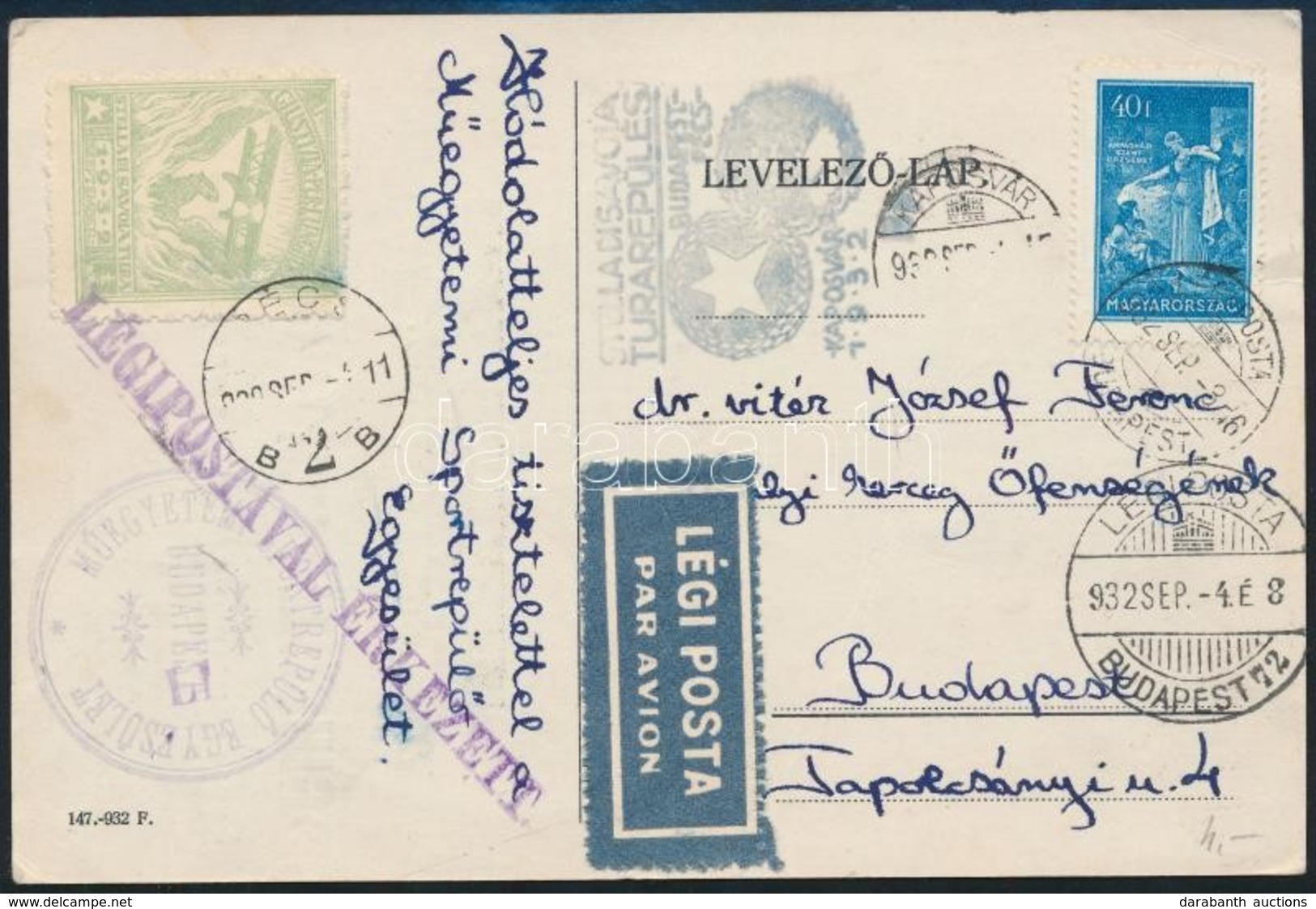 1932 Légi Justice For Hungary Levelezőlap Stella Di Savoya Levélzáróval és Alkalmi Bélyegzéssel / Airmail Postcard With  - Autres & Non Classés