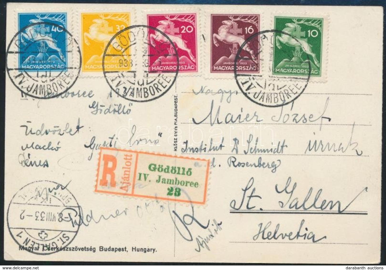 1933 Cserkész Sor Ajánlott Képeslapon, Jamboree Bélyegzéssel Svájcba / Mi 511-515 On Registered Cover To Switzerland - Autres & Non Classés