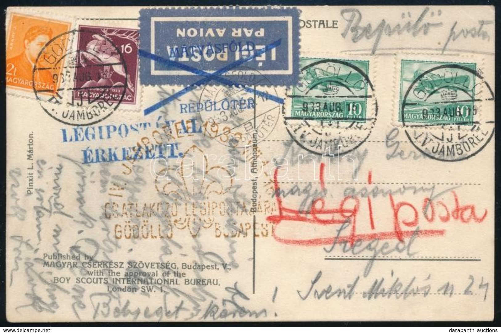 1933 Cserkészlap Légi Lapként Feladva / Airmail Scouts Postcard 'GÖDÖLLŐ / IV. JAMBOREE' + 'IV. JAMBOREE CSATLAKOZÓ LÉGI - Autres & Non Classés
