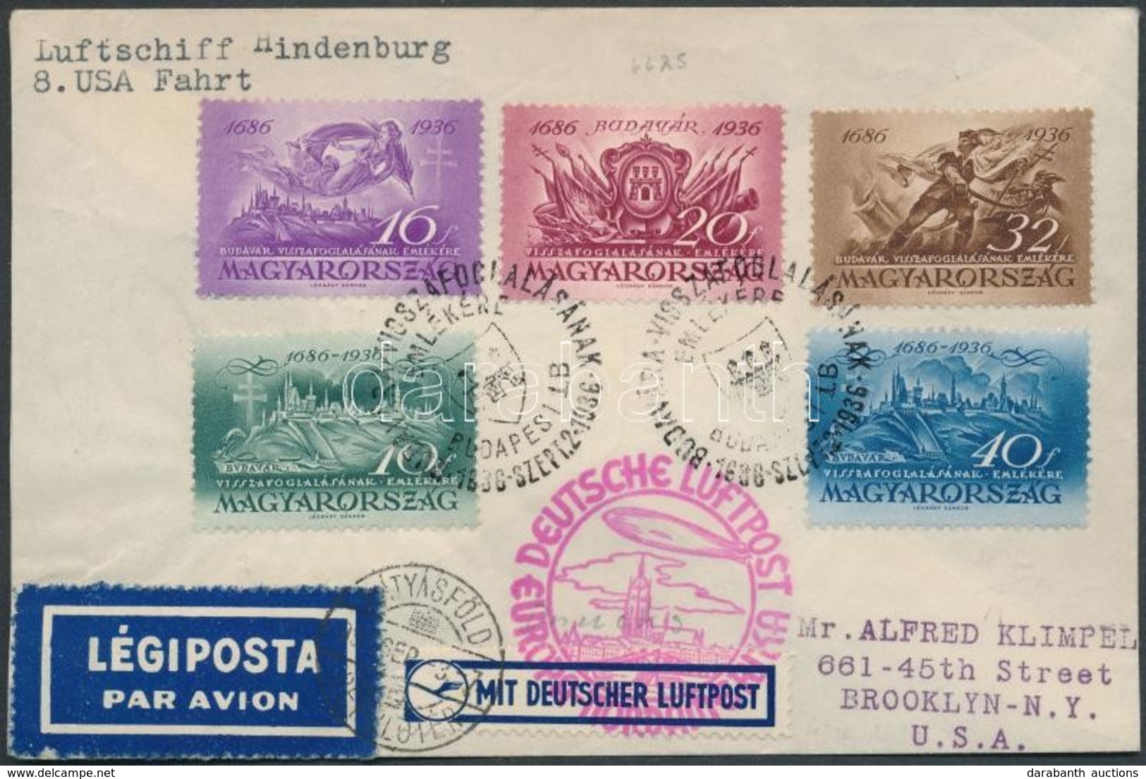 1936 Hindenburg 8. észak-amerikai útja Levél Budavár Sorral New Yorkba / Hindenburg 8th North America Flight Decorative  - Sonstige & Ohne Zuordnung