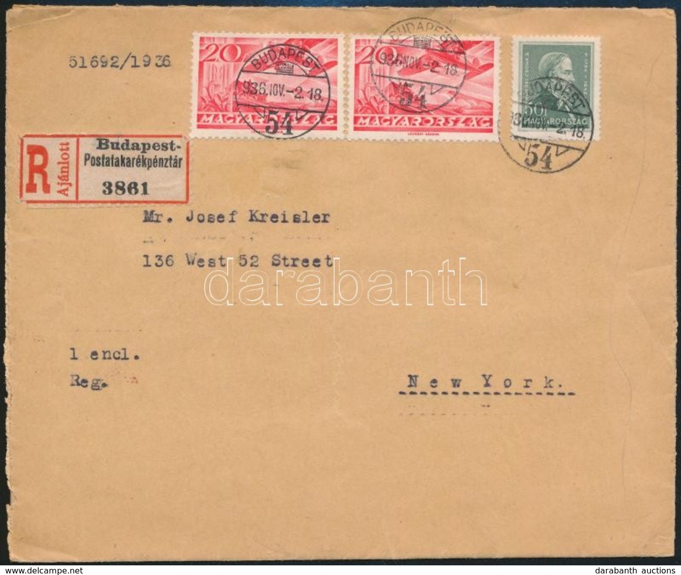 1936 Ajánlott Levél 3 Bélyeggel New Yorkba / Registered Cover With 3 Stamps Franking To New York - Autres & Non Classés