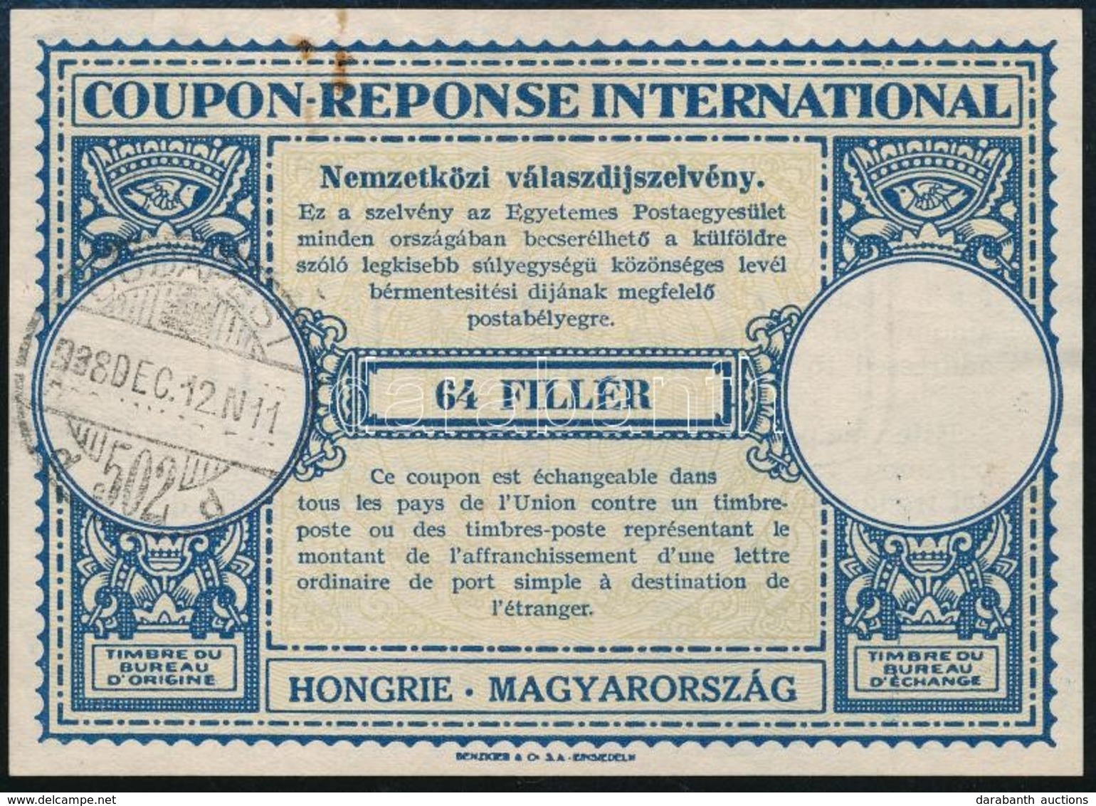 1938 Nemzetközi Válaszdíjszelvény 64f árjelzéssel, / International Reply Coupon (kis Rozsdafolt / Stain) - Sonstige & Ohne Zuordnung
