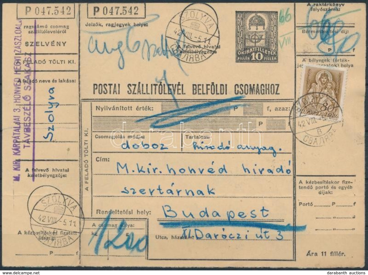 1942 Teljes Szállítólevél Magyar-rutén Kétnyelvű 'SZOLYVA' Bélyegzéssel / Complete Parcel Card With Bilingual Cancellati - Sonstige & Ohne Zuordnung