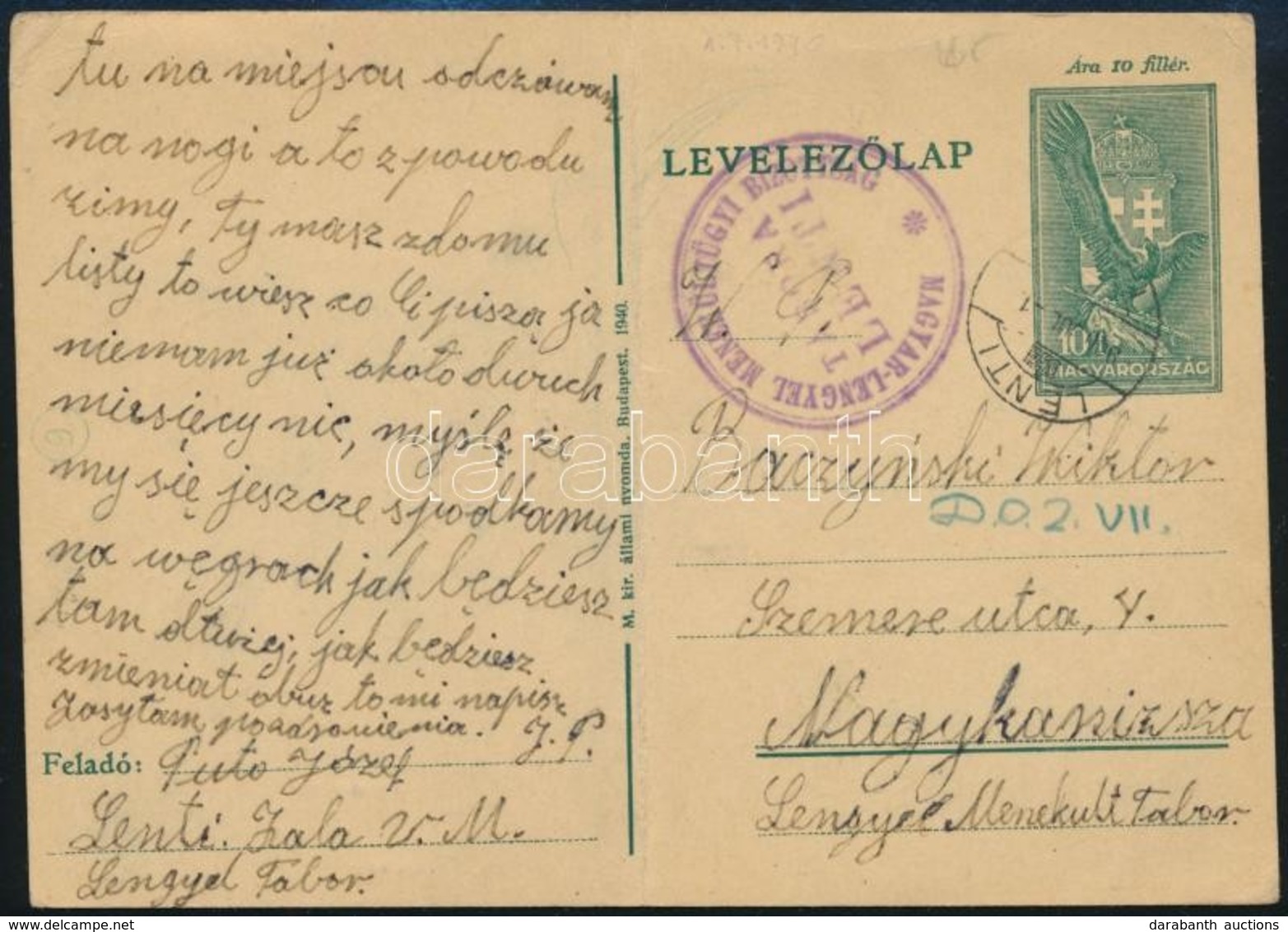 1940 Levelezőlap / Postcard 'MAGYAR-LENGYEL MENEKÜLTÜGYI BIZOTTSÁG TÁBORA LENTI' (hajtott / Folded) - Autres & Non Classés