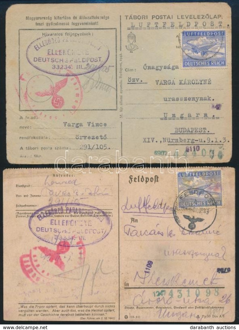 1943 2 Db Ritka Tábori Levelezőlap Légipostán Küldve, Kétnyelvű Cenzúra Bélyegzéssel, Német Légiposta Bélyegekkel, Valam - Autres & Non Classés