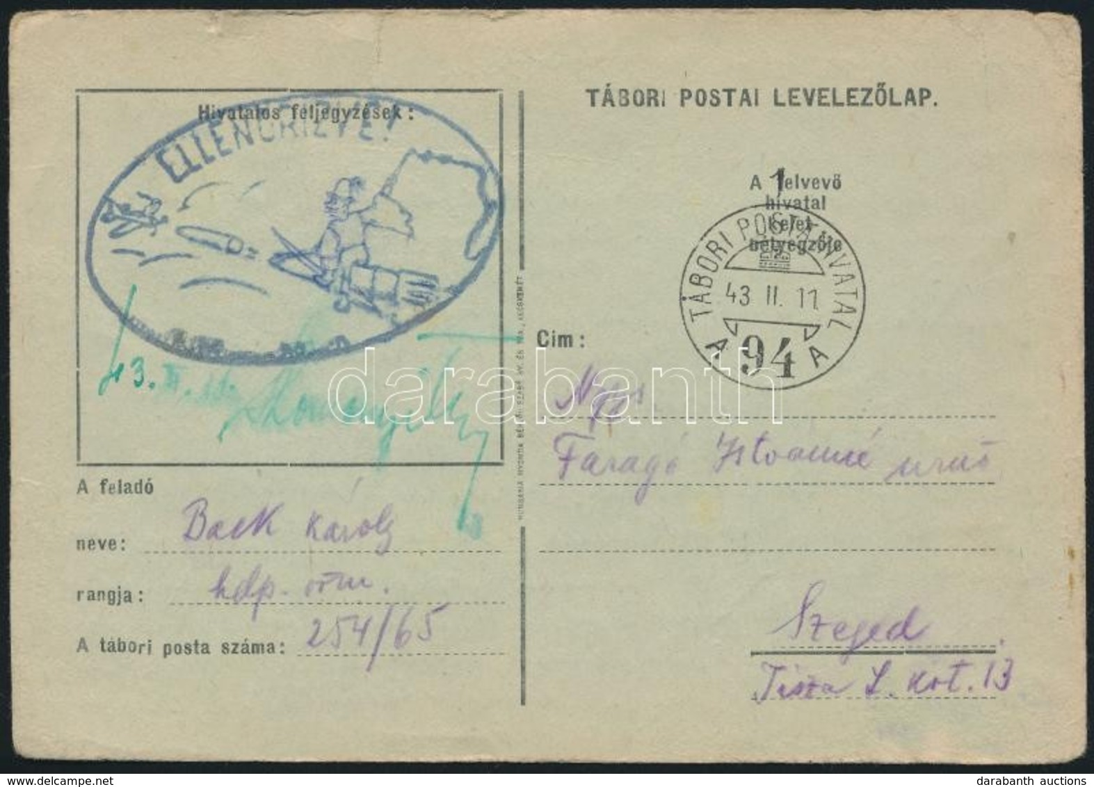 1943 Magánkiadású Tábori Posta Képeslap érdekes Figurás Cenzúra Bélyegzéssel / Field Postcard 'TP 94 A' - Sonstige & Ohne Zuordnung
