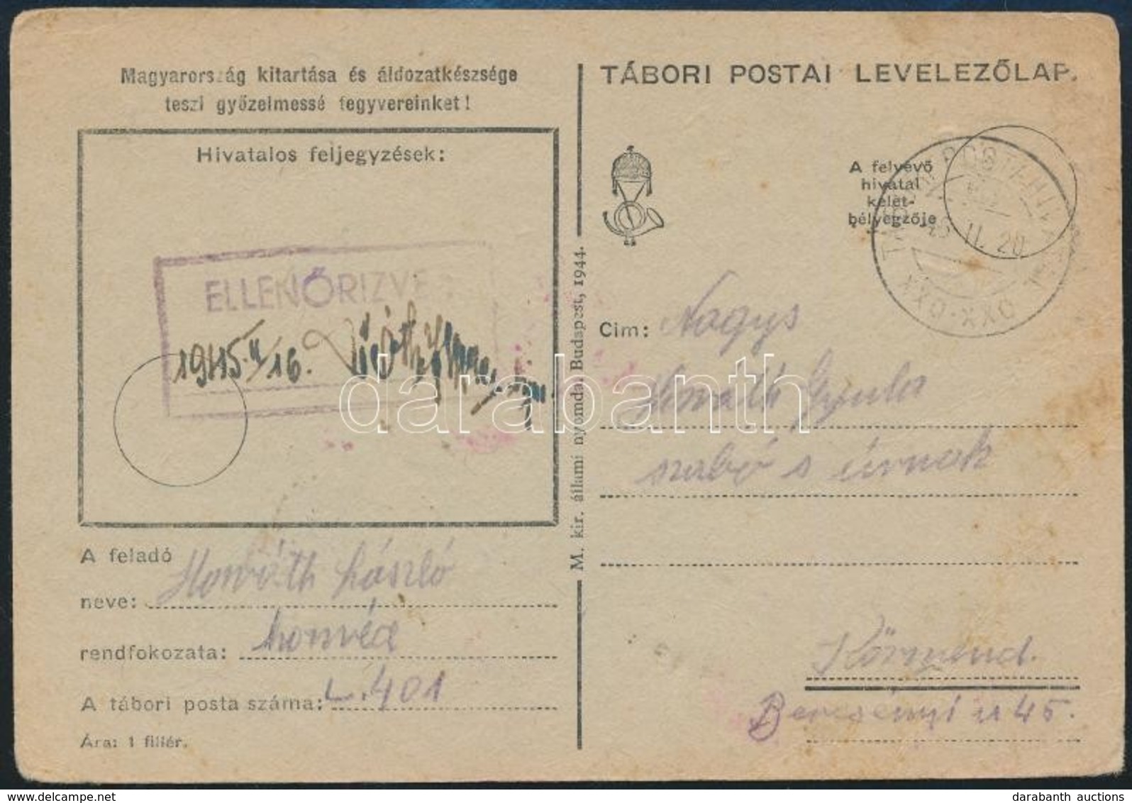 1945 Tábori Posta Levelezőlap Ritka Bélyegzéssel / Field Postcard With Rare 'TP XXO.XXO' Cancellation - Autres & Non Classés