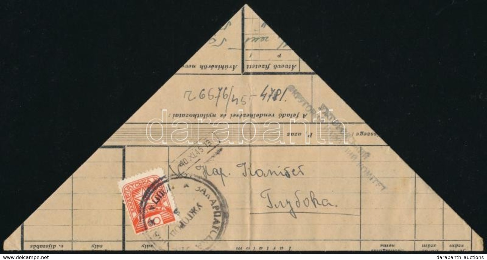 Kárpát Ukrajna 1945 Háromszögletűre Hajtott Levél 60f Bérmentesítéssel Ungvárról Hlubokára / Mi 84 On Triangular Cover - Sonstige & Ohne Zuordnung