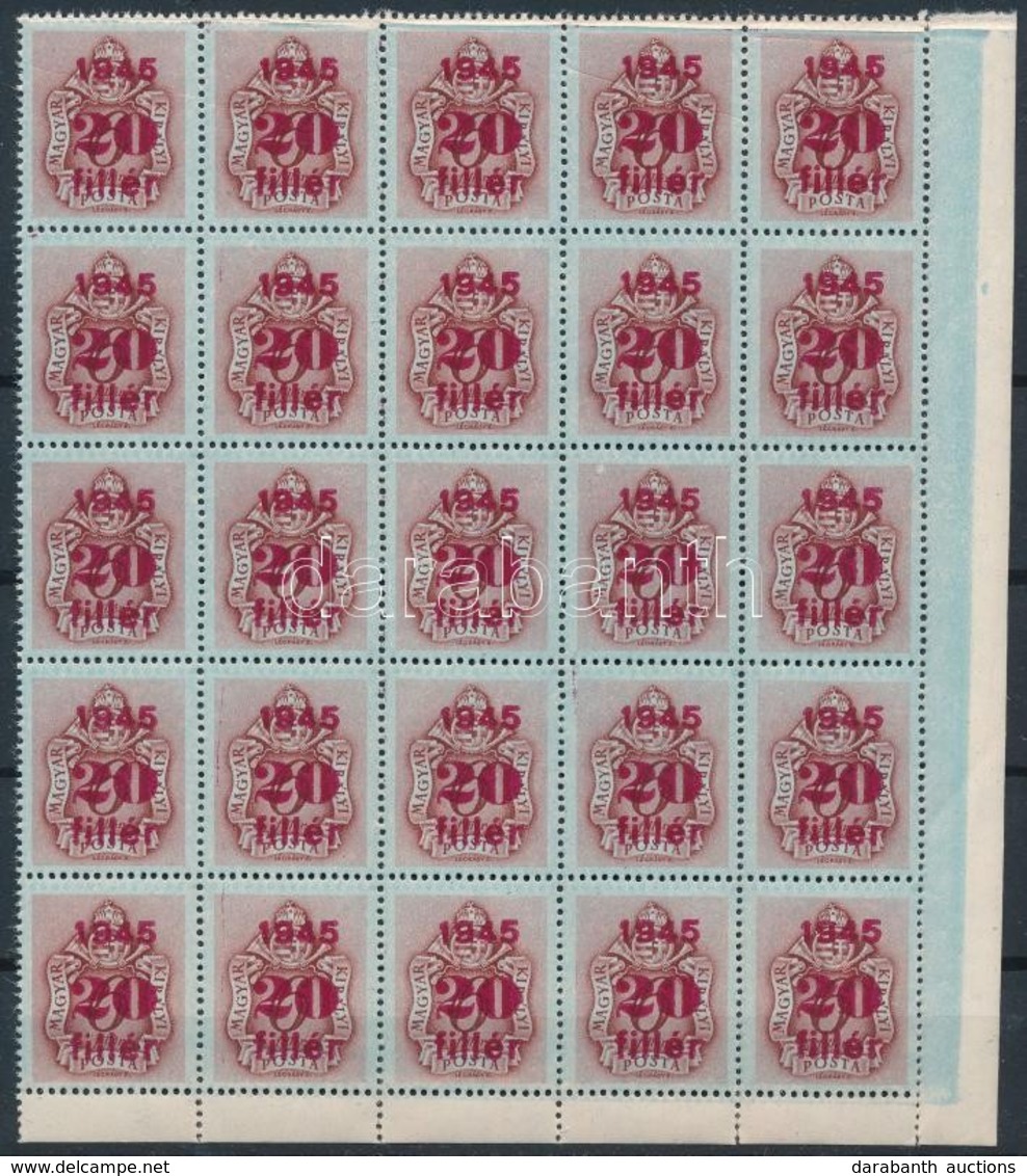 ** 1945 Kisegítő Portó 20f/6f Negyed ív (62.500) / Postage Due Mi 166 Corner Block Of 25 - Autres & Non Classés