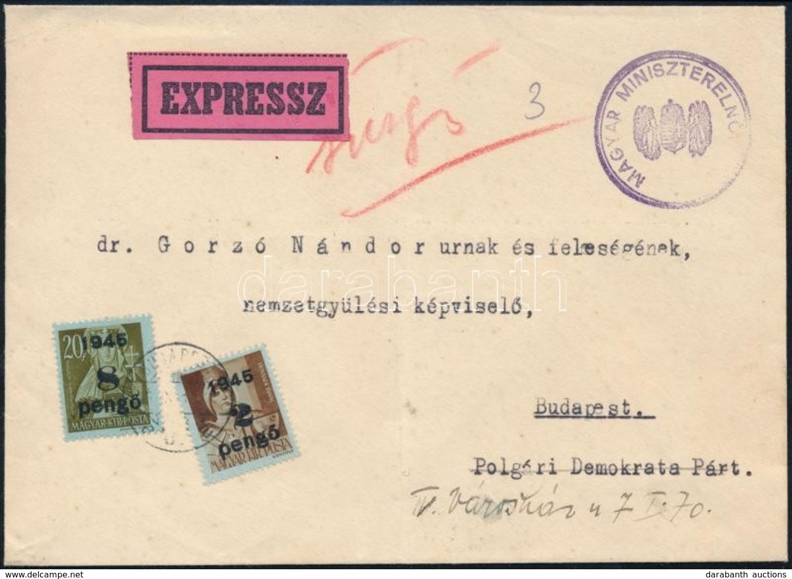 1945 (2. Díjszabás) Budapest Helyi Expressz Levél A Miniszterelnökségtől  / Local Express Cover From The PM Office - Autres & Non Classés