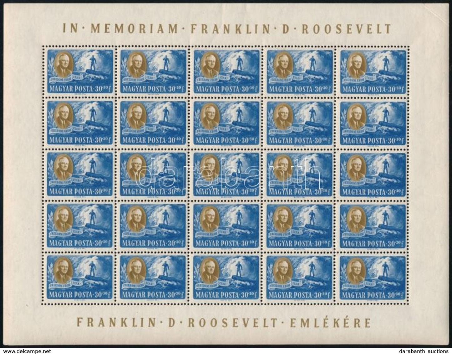 ** 1947 Roosevelt 30f 25-ös Teljes ív / Mi 988 Complete Sheet (apró Ráncok, Saroktörés / Small Creases, Corner Fold) - Sonstige & Ohne Zuordnung