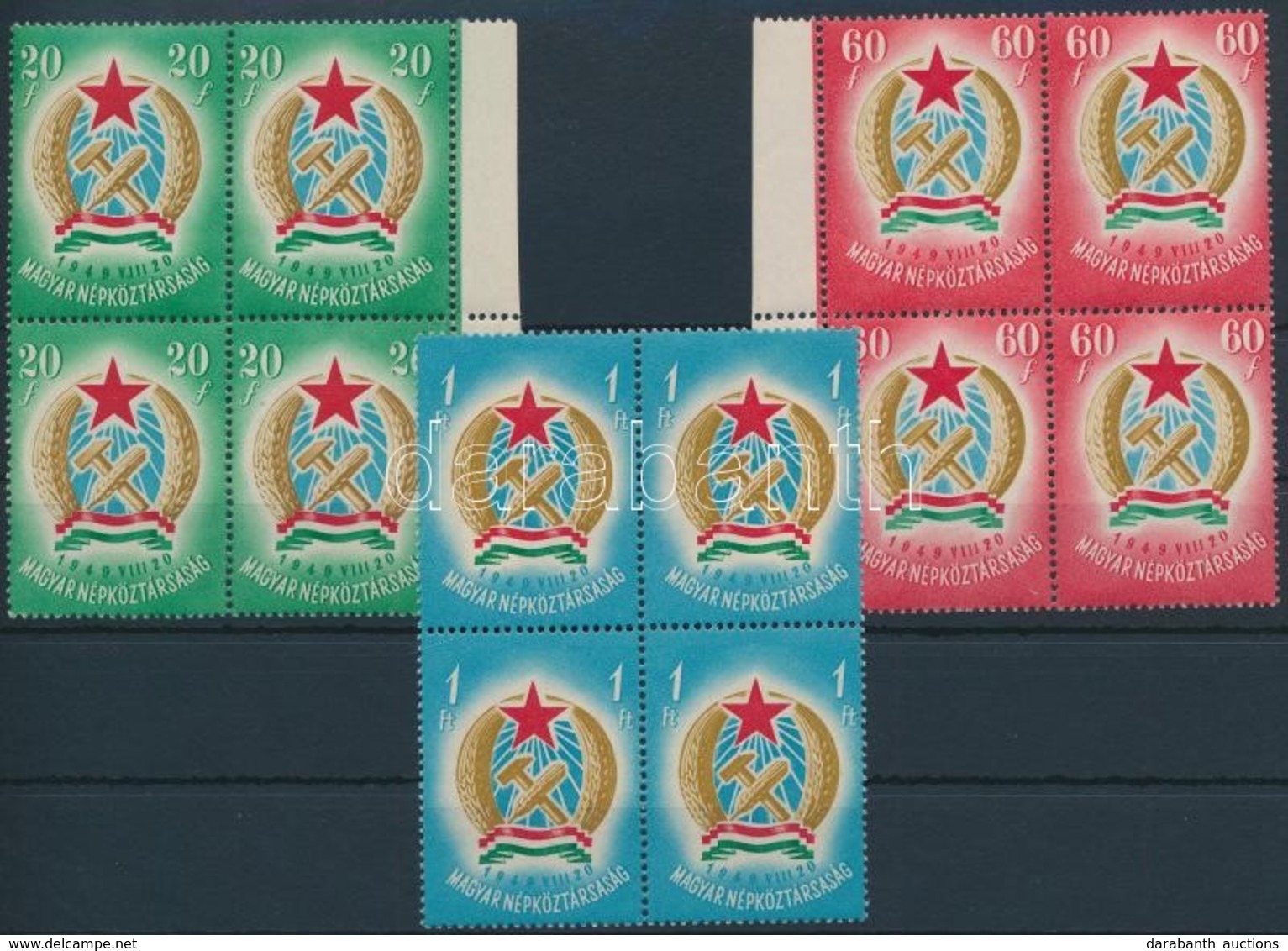 ** 1949 Alkotmány Sor Négyestömbökben, Mindegyikben 3 Bélyeg Makkos Vízjellel / Mi 1053-1055 Ya Blocks Of 4 - Autres & Non Classés