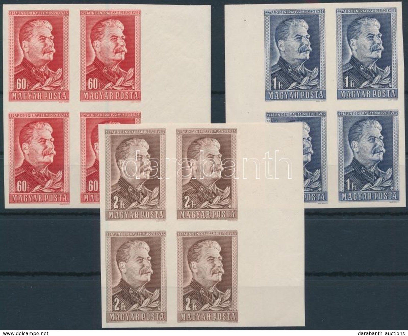 ** 1949 Sztálin Vágott Sor ívszéli Négyestömbökben (12.000) / Mi 1066-1068 Imperforate Set In Margin Blocks Of 4 - Autres & Non Classés