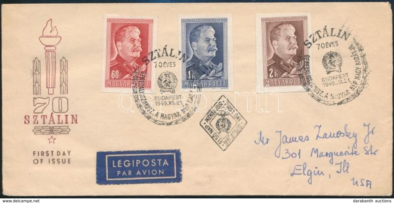 1949 Sztálin Vágott Sor Légi FDC-n Alkalmi Bélyegzéssel / Mi 1066-1068 Imperforate Set On Airmail FDC - Autres & Non Classés