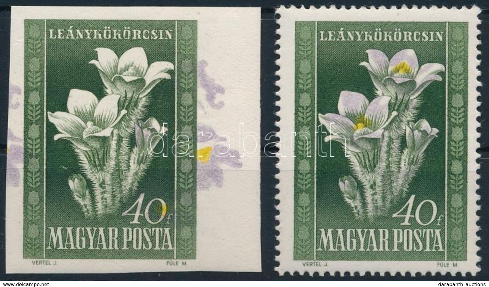 ** 1950 Virág 40f ívszéli Vágott Bélyeg Fordított és Eltolódott Sárga és Lila Színnyomatokkal / Mi 1113 Imperforate Marg - Sonstige & Ohne Zuordnung