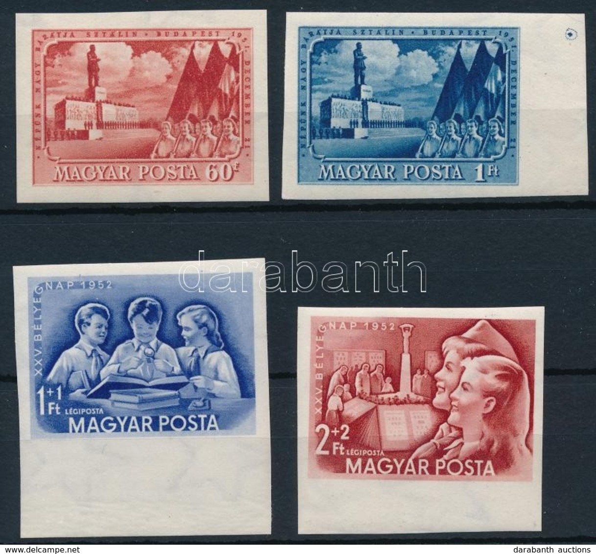 ** 1951-1952 Sztálin és Bélyegnap Vágott Sorok, Utóbbi ívszéli (28.000) / Mi 1216-1217 + 1274-1275 Imperforate Sets - Sonstige & Ohne Zuordnung