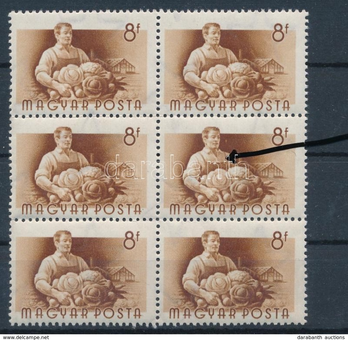 ** 1955 Munka 8f Hatostömb, Benne 'nyak Alatt Fehér Folt' Tévnyomat / Mi 1426 Block Of 6 With Plate Variety - Autres & Non Classés