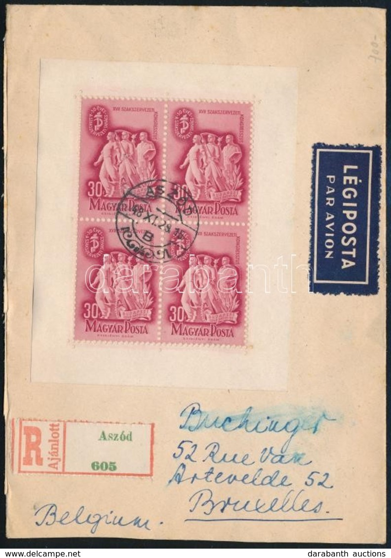 1948 Szakszervezet (II.) Kisív Légi Ajánlott Levélen 'ASZÓD' Belgiumba Küldve / Mi 1035 Minisheet On Airmail Registered  - Autres & Non Classés