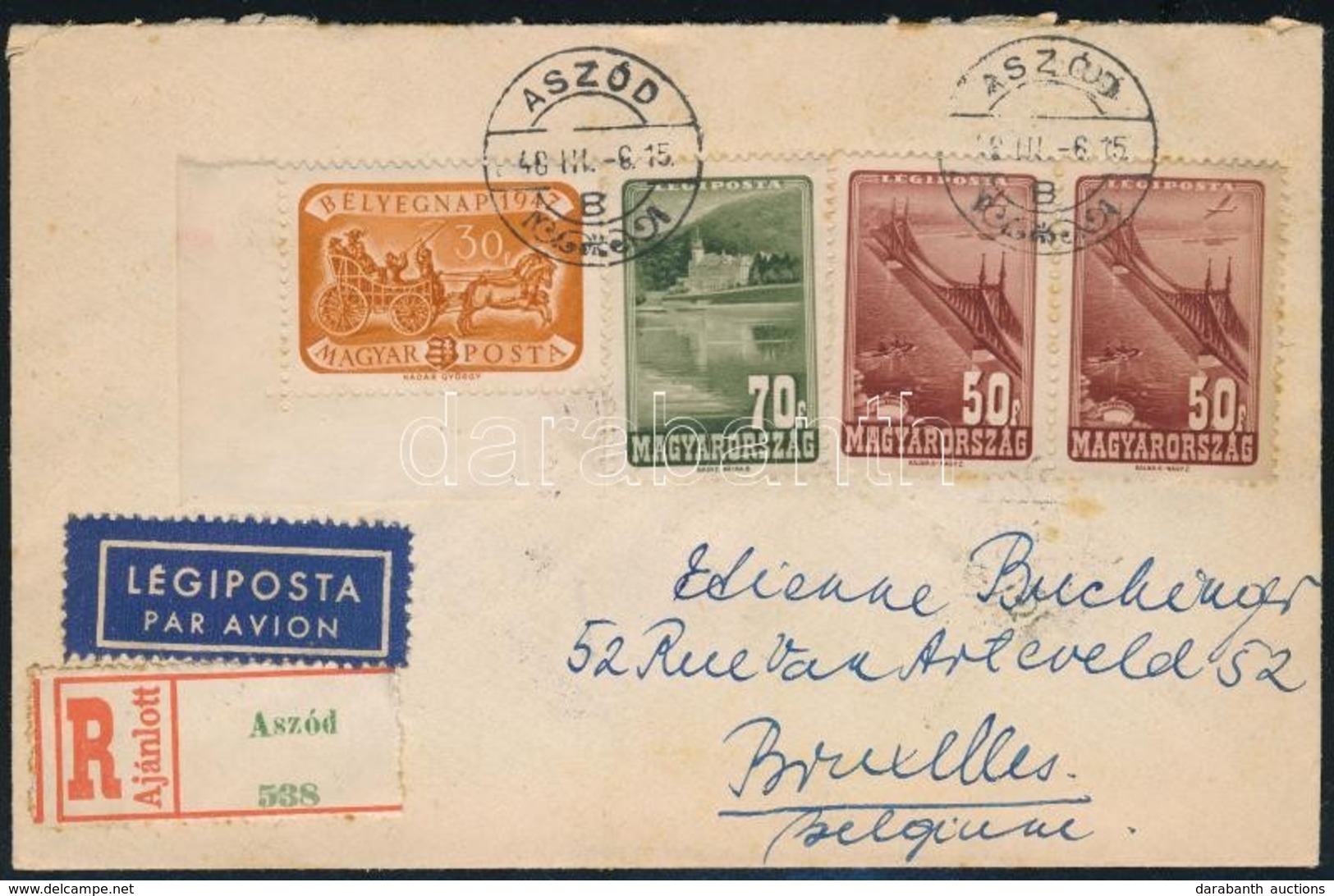 1948 Légi Ajánlott Levélen Bélyegnap ívsarki Bélyeggel Bérmentesítve 'ASZÓD' - Brüsszel / Mi 999 Corner Stamp On Airmail - Autres & Non Classés