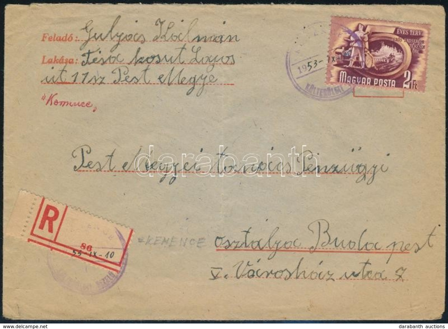 1953 Ajánlott Levél Kézírásos Szükségbélyegzéssel Ill. Ragjeggyel / Registered Cover With Auxiliary Postmark And Label - Autres & Non Classés