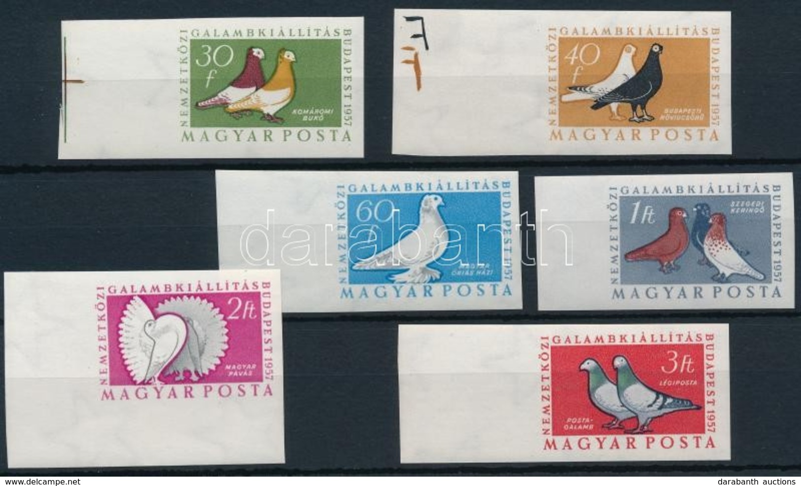 ** 1957 Magyarországi Galambfajták ívszéli Vágott Sor (13.000) / Mi 1505-1510 Imperforate Margin Set - Other & Unclassified